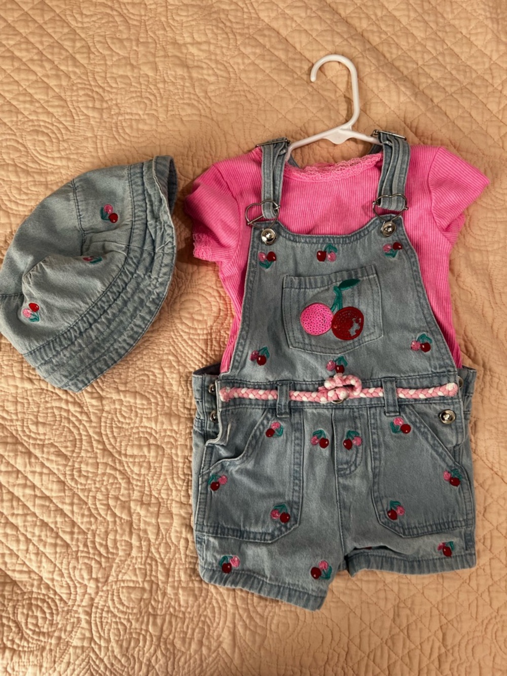 Little Lass Pink Top with Light Blue Denim Cherry-Embroidered Overalls & Hat